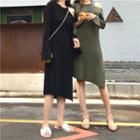 Plain Off-shoulder Slim-fit Irregular Long-sleeve Dress