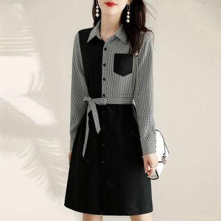 Long-sleeve Plaid Panel Tie-waist Shirt Dress