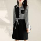Long-sleeve Plaid Panel Tie-waist Shirt Dress