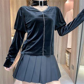 Rhinestone Buckled Velvet Blouse Black - One Size