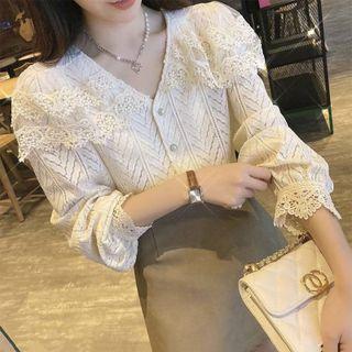 Puff-sleeve Plain Lace Top