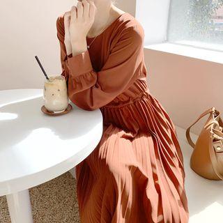 Bishop-sleeve Accordion-pleat Long Dress Brown - One Size