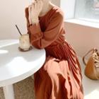 Bishop-sleeve Accordion-pleat Long Dress Brown - One Size