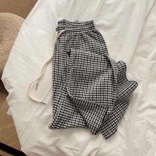 Elastic-waist Crinkled Check Pants