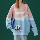 Panda Embroidered Color Block Sweater