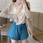 Asymmetric Button Long-sleeve Cropped Knit Top / Ruffle Trim Shorts