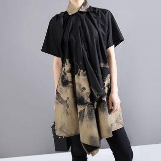 Short-sleeve Irregular Printed A-line Mini Shirtdress Black - One Size