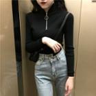 Long-sleeve Zip-up T-shirt Black - One Size