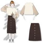 Corduroy Sleeve Pullover / Buttoned A-line Midi Knit Skirt