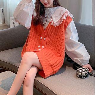 Lantern-sleeve Lace Trim Blouse / Knit Vest