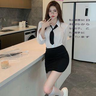 Sheer Chiffon Light Shirt With Tie / High-waist Mini Pencil Skirt