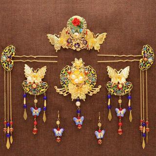 Retro Wedding Set: Branches Headpiece + Hair Stick + Fringed Earring Gold - One Size
