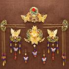 Retro Wedding Set: Branches Headpiece + Hair Stick + Fringed Earring Gold - One Size