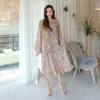 Balloon-sleeve Shirred-panel Floral Dress One Size
