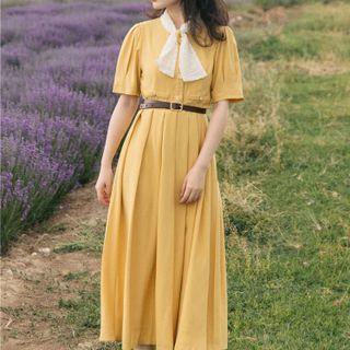 Set: Short-sleeve Tie-neck Pleated Midi A-line Dress + Belt