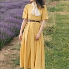 Set: Short-sleeve Tie-neck Pleated Midi A-line Dress + Belt