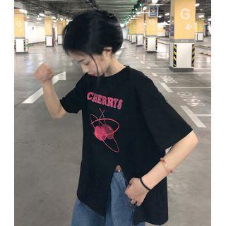 Short Sleeve Cherry Print Slit-side T-shirt