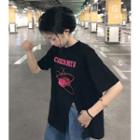 Short Sleeve Cherry Print Slit-side T-shirt
