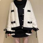 Contrast Trim Rhinestone Button Cardigan