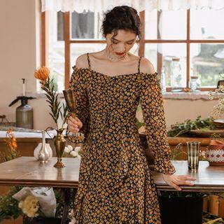 Cold-shoulder Flower Print Midi A-line Dress