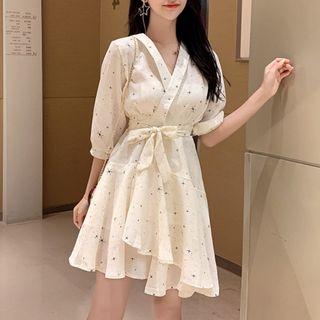 3/4-sleeve Patterned A-line Mini Wrap Dress