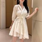 3/4-sleeve Patterned A-line Mini Wrap Dress