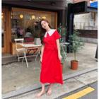 Short-sleeve Contrast Collar A-line Midi Dress Red - One Size