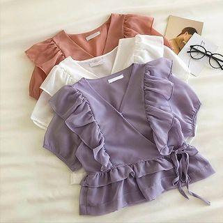 Plain Lace-up Ruffled-trim Short-sleeve Top