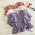 Plain Lace-up Ruffled-trim Short-sleeve Top