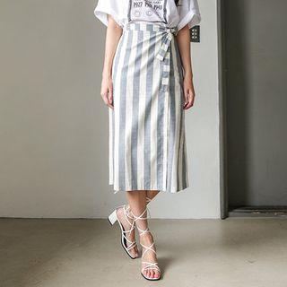 Band-waist Wrap-front Striped Long Skirt