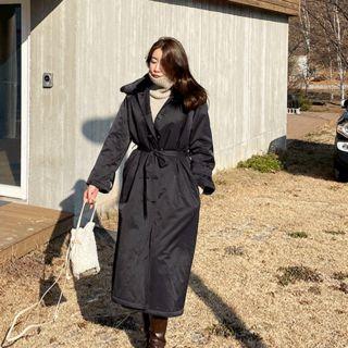 Fleece-collar Single-breasted Padded Coat With Sash Black - One Size