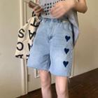 High-waist Frayed Heart Embroidered Denim Shorts