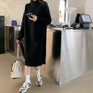Long-sleeve High-neck Plain Knit Dress