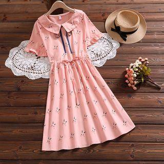 Rabbit Print Collared Short-sleeve A-line Dress