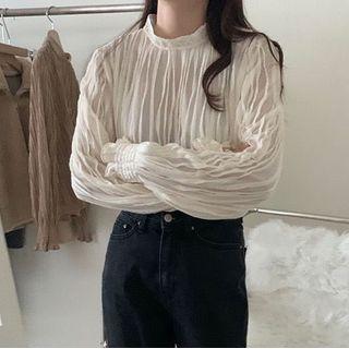 Long-sleeve Retro Ruched Mock-neck Top