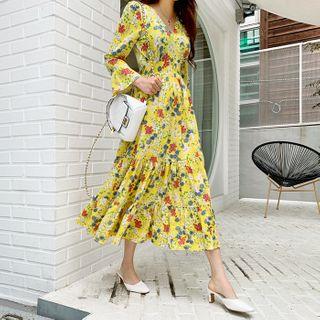 Floral Tiered Maxi Wrap Dress Yellow - One Size