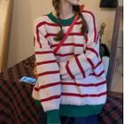 Contrast Trim Striped Sweater Stripes - Red & Off-white - One Size