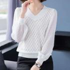 Long-sleeve V-neck Pointelle Knit Panel Lace Blouse