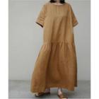 Short-sleeve Plain Maxi A-line Dress Brown - One Size