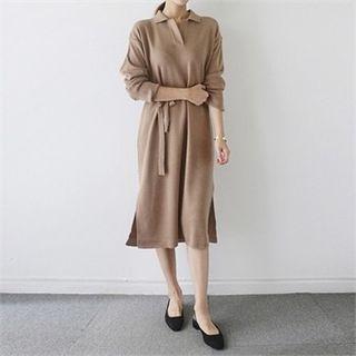 Collared Long Knit Dress With Sash