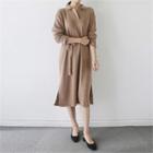 Collared Long Knit Dress With Sash