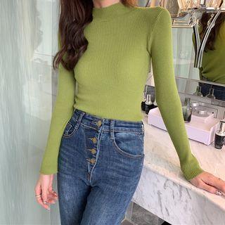 Mock Neck Plain Ribbed Knit Top