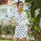 Elbow-sleeve Dot Print Mini Dress