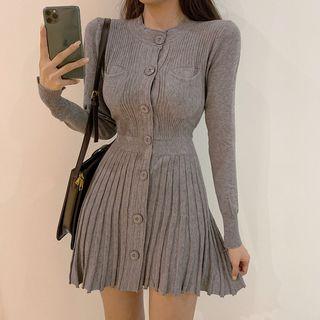 Single-breasted Long-sleeve A-line Knit Dress