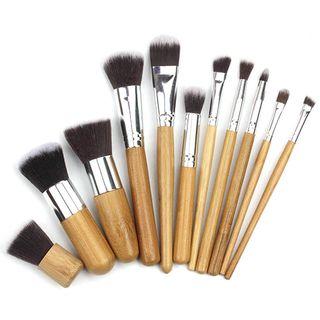 Set Of 11: Bamboo Handle Makeup Brush Pouch & Set Of 11 - Bamboo Handle Makeup Brush - One Size