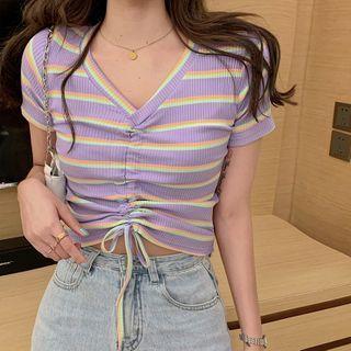 Short Sleeve V-neck Drawstring Striped Top