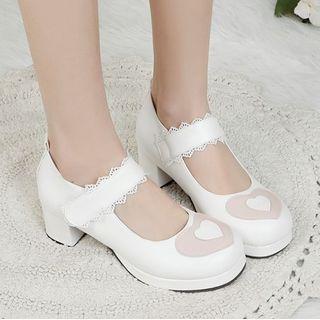 Chunky Heel Heart Print Mary Jane Shoes