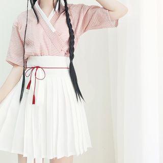 Set: Elbow-sleeve Striped Hanfu Top + Pleated A-line Mini Skirt Top - Pink - One Size / Skirt - White - One Size