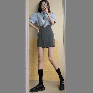 Plain Shirt With Tie / High-waist Plain A-line Skirt