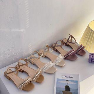 Faux Pearl Mesh Trim Ankle-strap Flat Sandals